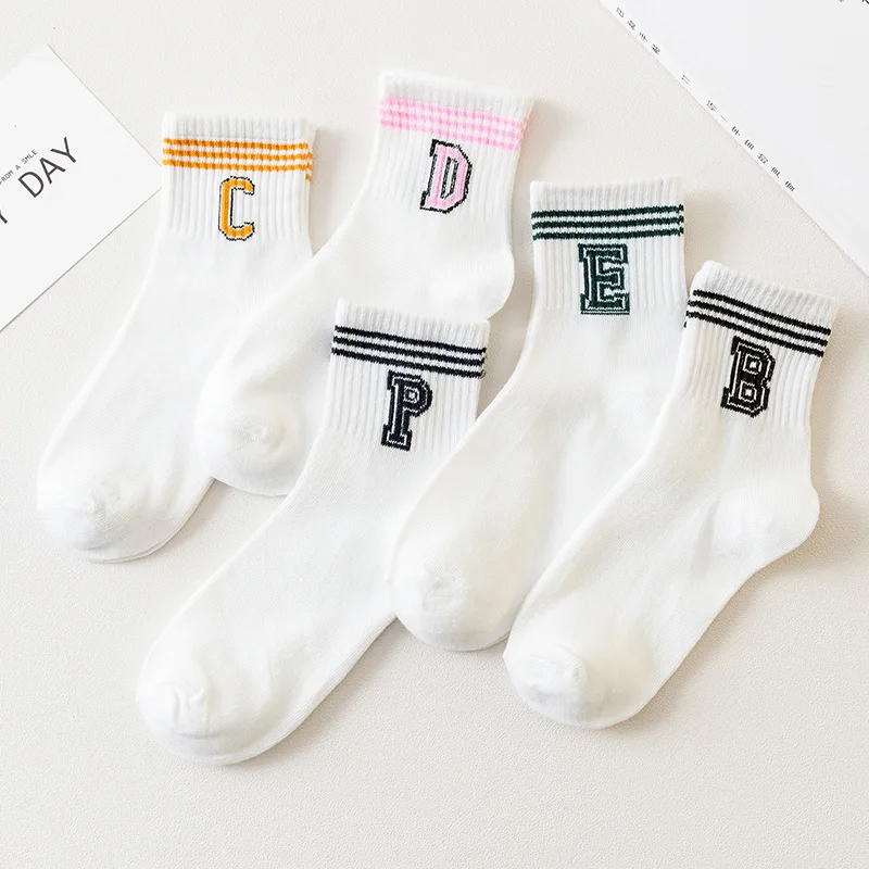 

5 Pairs Pack Women's Socks Set Letters Print Cotton Blends White Long Socks Thin Summer Breathable calcetines skarpetki damskie