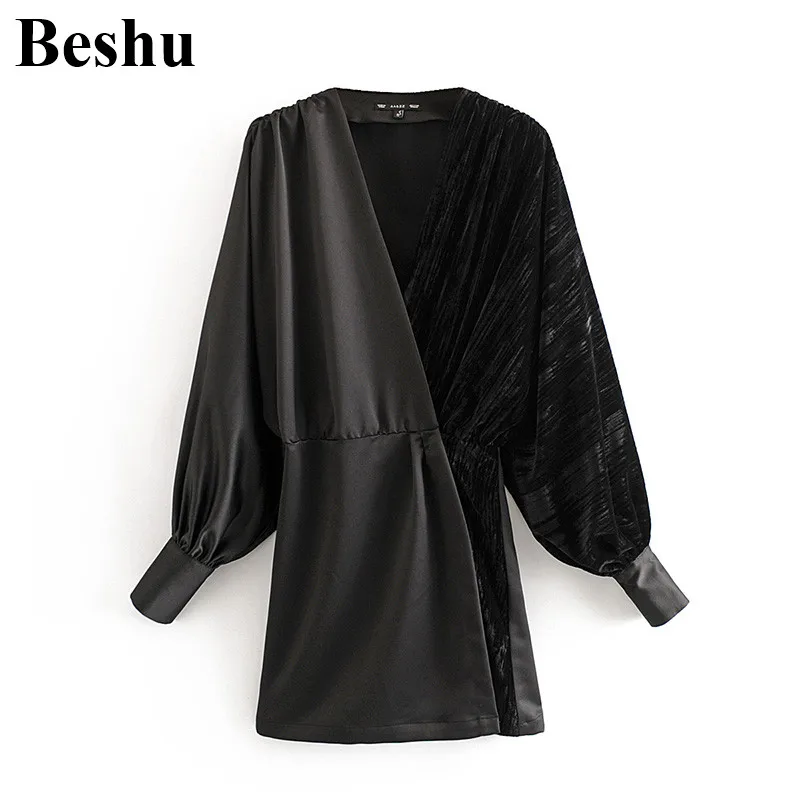 Za 2019 модное женское черное лоскутное бархатное элегантное платье с v образным