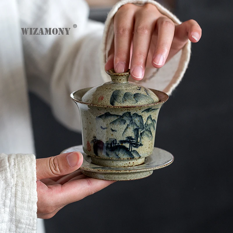 1 шт. WIZAMONY маленький голубой и белый Gaiwan китайский старинный глазурь Цзиндэчжэнь