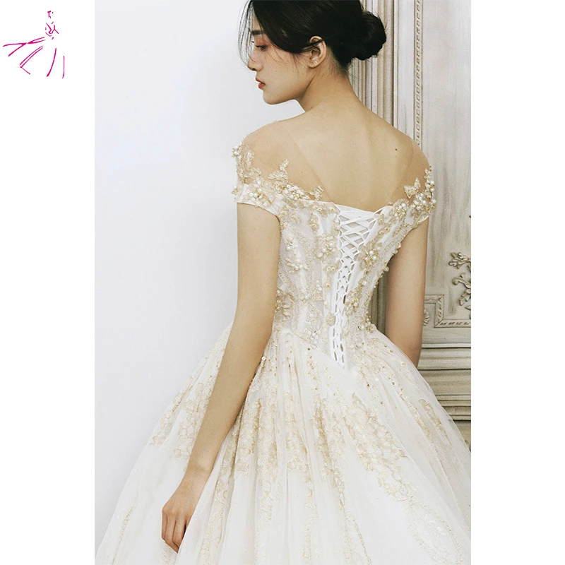 свадебное платье 2020 Customized Champagne Wedding Dress Appliques With Pearls Bridal Gown Cathedral Tail Vestidos de Novia |