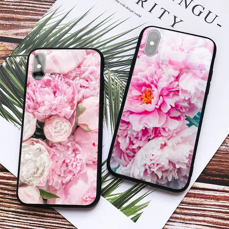 

Peony pink elegant flower Phone Case Tempered glass For iphone 6 7 8 plus X XS XR 11 12 13 PRO MAX mini