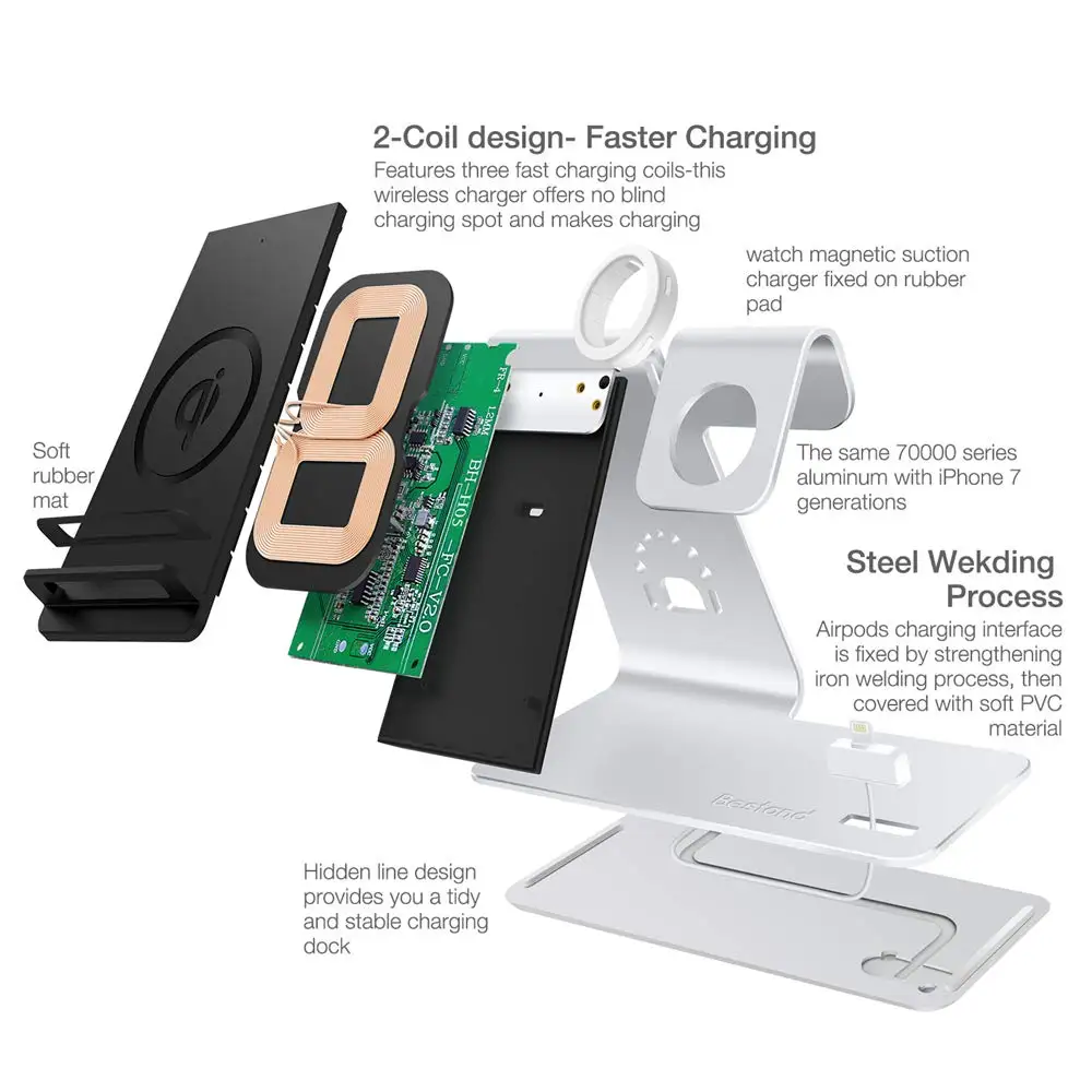 3-in-1 wireless charger mobile phone holder and iPhone charging station, Qi fast charger base, compatible FOR iPhone X / 8 Plus
