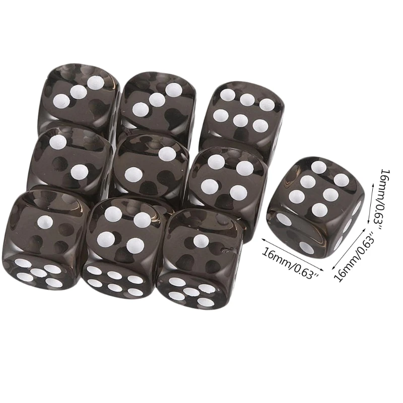 

10pcs 16mm Acrylic Dice Black Transparent 6 Sided Dice Casino Poker Game Bar Party Dice Children Board Game Toy