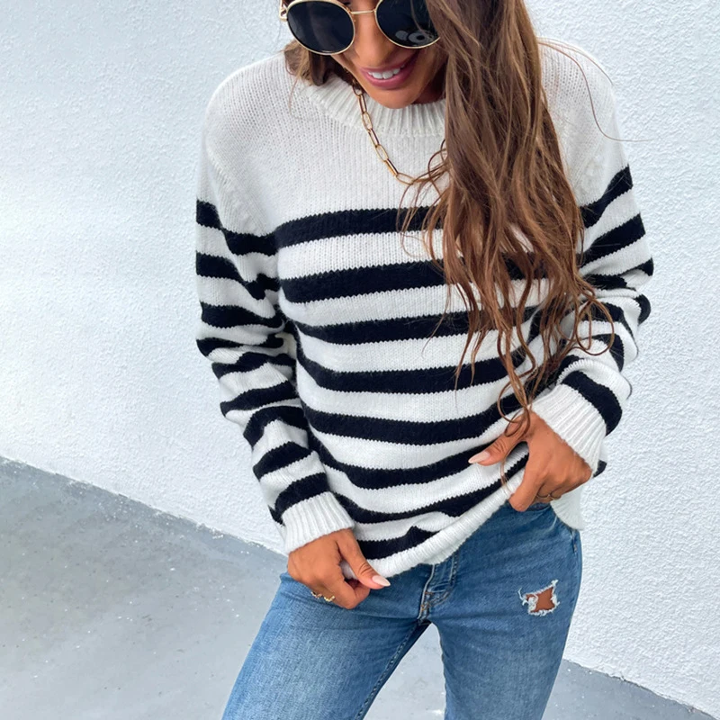 

Hot Sale Sweater Women's 2021 Fashion Autumn and Winter New European and American Contrast Color Striped Pullover Knitted Top