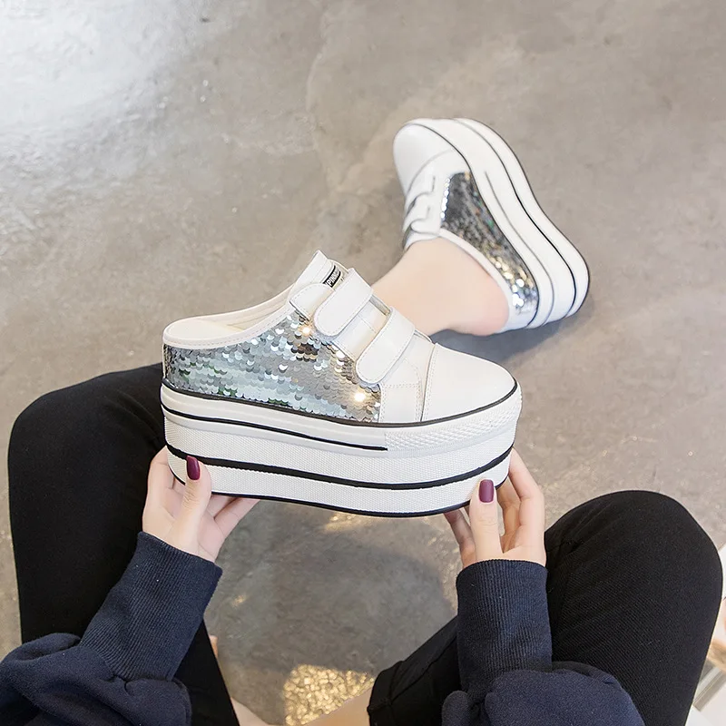 

Wedge Sneakers Genuine Leather Casual Shoes Woman Slippers Platform Vulcanize Shoes for Women High Heels Fashion Bling Shoes