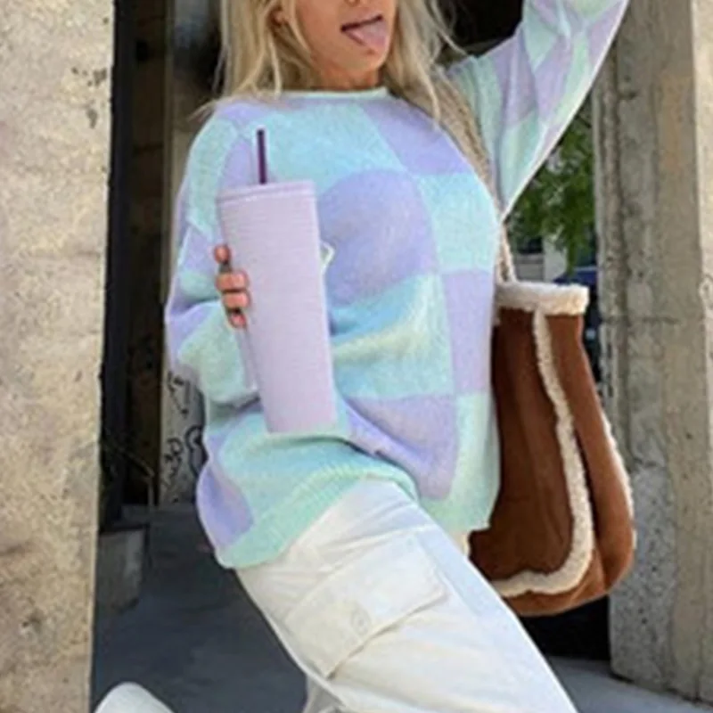 

Women Long Sleeve Oversized Loose Plaid Sweater Tops Y2K Casual O Neck Pullovers Sweater Jumpers 2021 Autumn Winter