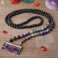 natural amethysts quartz silvery slab beads pendant 6mm round sea sediment jaspers amethysts quartz beads cord knotted necklace