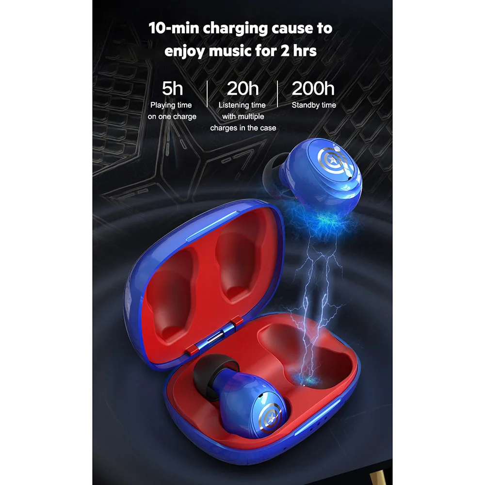 Беспроводные наушники Marvel Certified Bluetooth V5.0 Earbuds Iron Man TWS с поддержкой связи двух мобильных телефонов Captain America.