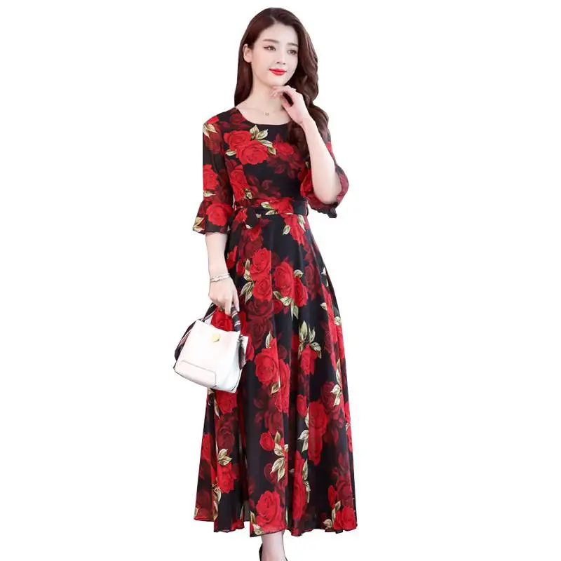 

2019 New Fashion New Bohemian Rose Print O Collar Sleeves High Waist Long Dress