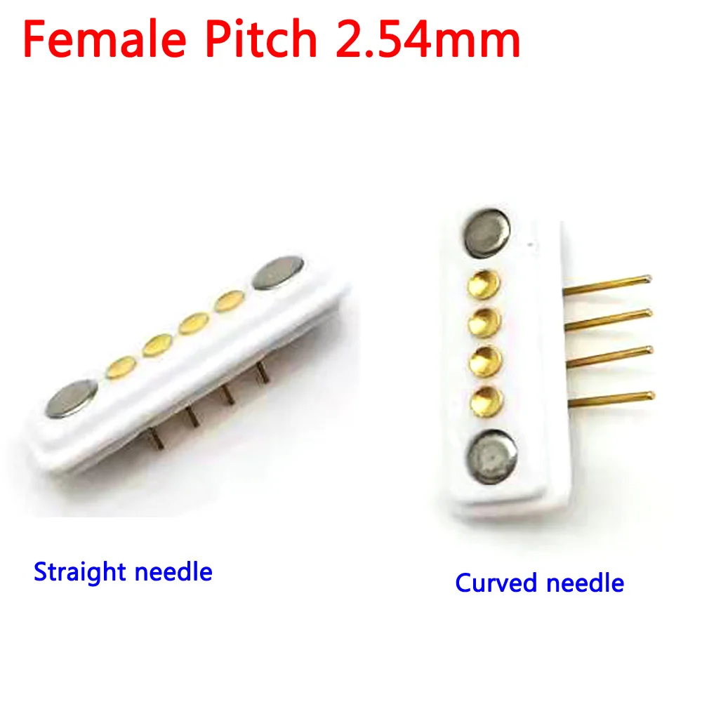 

2pcs Spring Loaded Magnetic Pogo Pin 4P White 2.54 MM Pitch Vertical Curved needle Row Through Holes Solder Female Probe Contact