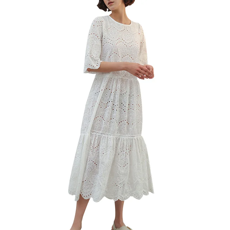 

South Korea chic season new art style hollow embroidery round neck high waist holiday dress cotton dress