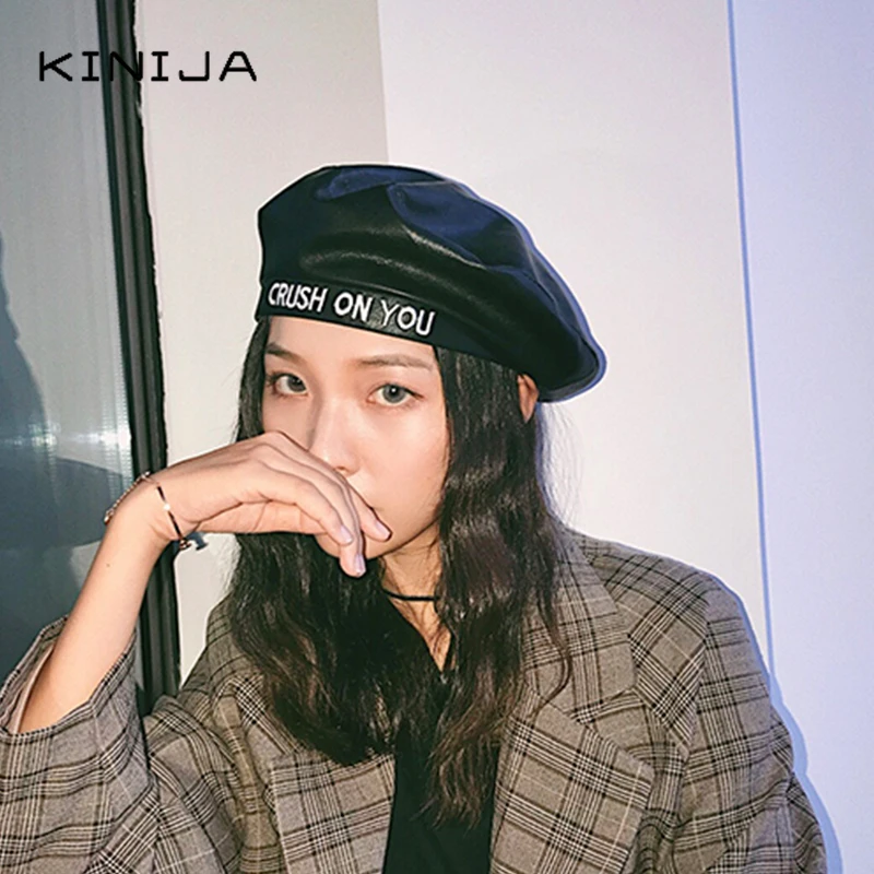 Харадзюку вышитый буквенный берет из искусственной кожи Женская Ретро шляпа на