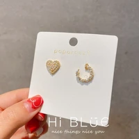2022 korean fashion simple shiny zircon asymmetry pearl heart stud earrings for women students elegant luxury jewelry