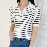 womens polo t shirt cotton striped knitted short sleeve tee summer fashion v neck thin straight ladies top tshirt