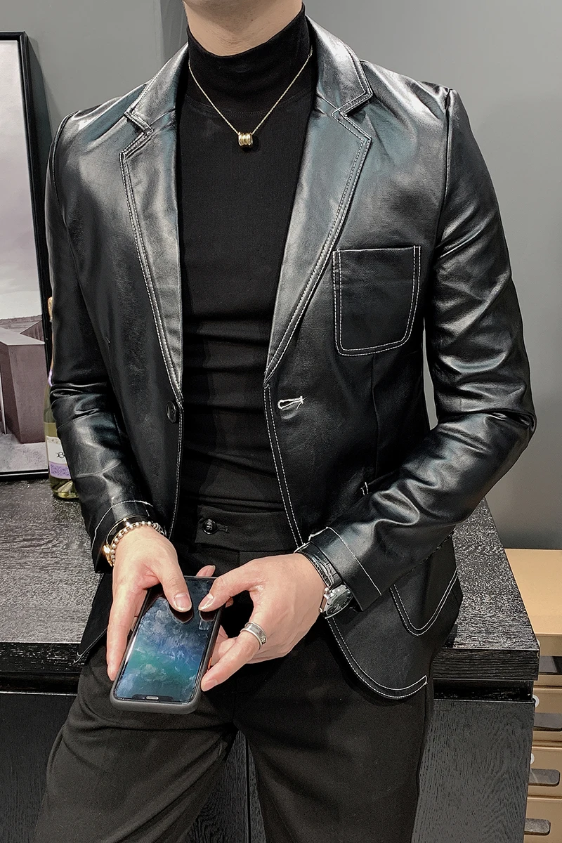 

Men Fashion Leather Blazers Black Casual Suit Jackets Streetwear Social Dress Coat Wedding Business Blazer Masculino Veste Homme