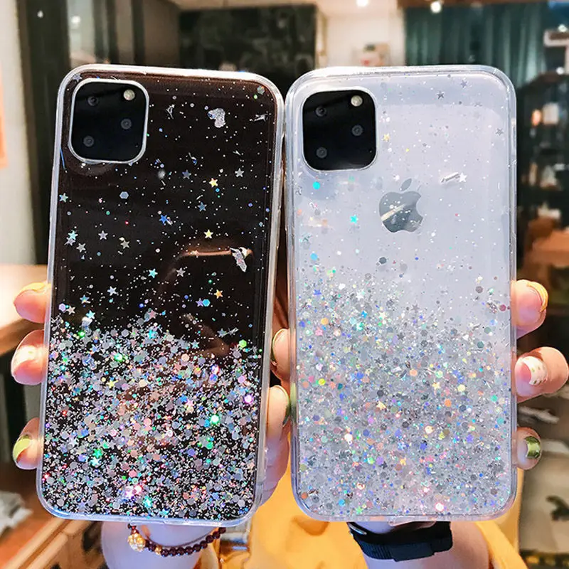 Блестящий силиконовый чехол со звездами для iPhone 11 Pro X XR XS Max 7 8 6 6s Plus Прозрачный
