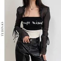 yedinas gothic cloak womne long sleeve crop top bow design black cape patchwork tank top two piece set korean style sexy tops
