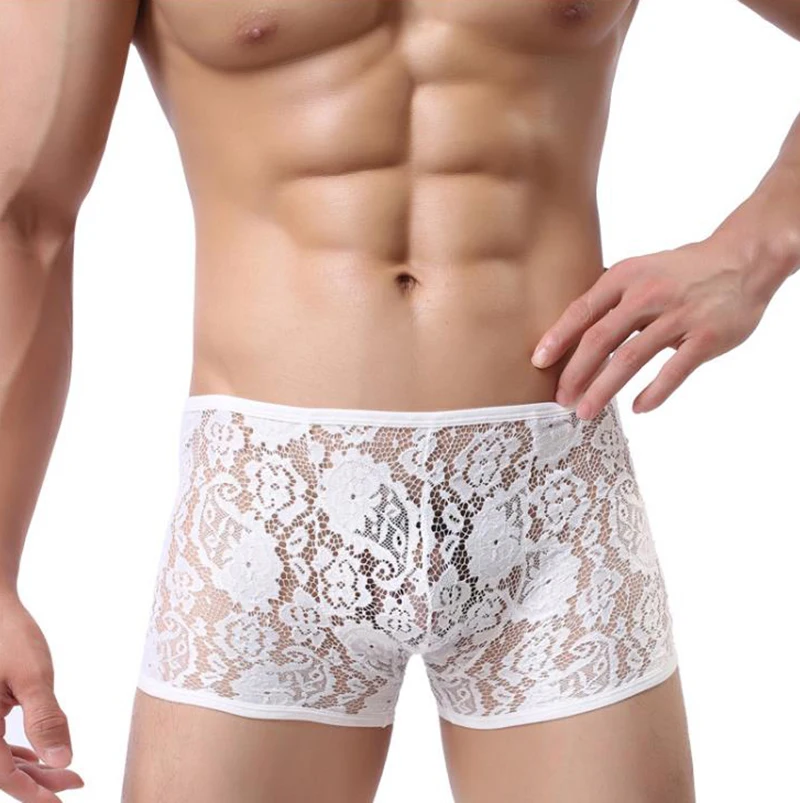Кружевное Стильное мужское Прозрачное нижнее белье черные и белые боксеры
