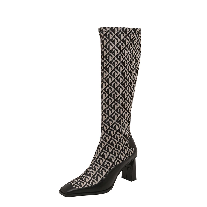 

Women Plaid Stretch Boots Top Quality Elastic Microfiber High Heels Square Toe Ladies Knee High Boots Autumn Winter Ladies Shoes