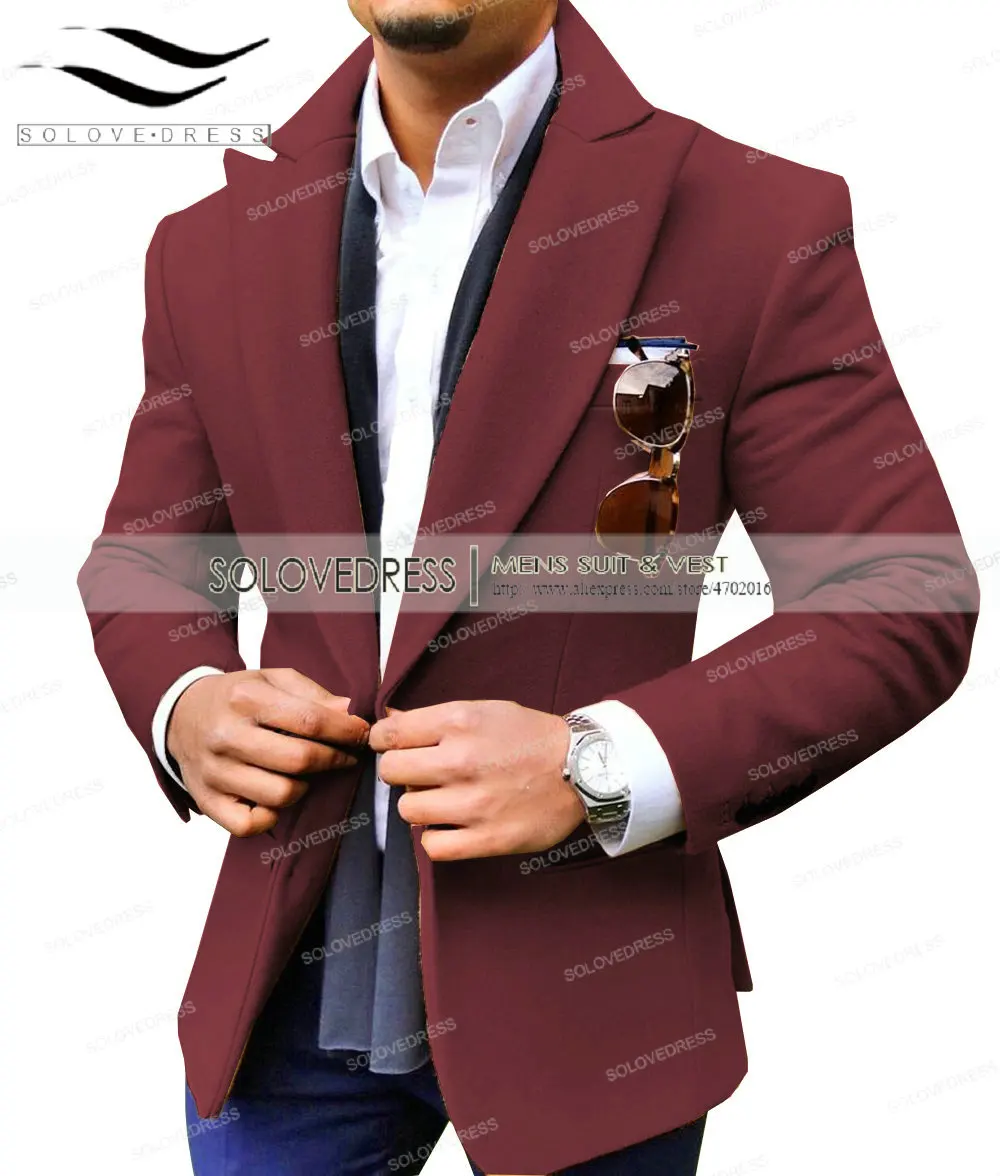 Burgundy Коричневый пиджак для мужчин, для отдыха, шерсть, твид, балзер, формальный, нотч, с отворотом, Бизнес Стиль, приталенный смокинг, Женихи, для мужчин, зимнее пальто - Цвет: Burgundy