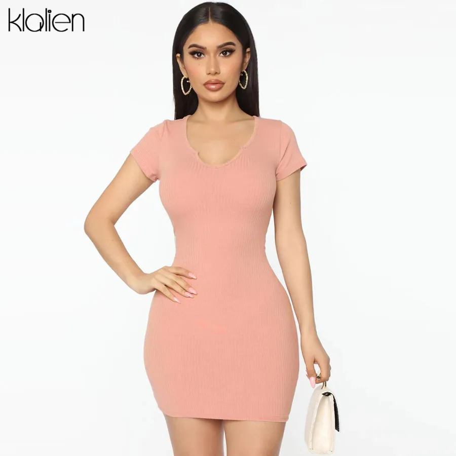KLALIEN female casual soft slim bodycon dress summer new fashion office lady high street leisure solid mini women | Женская одежда