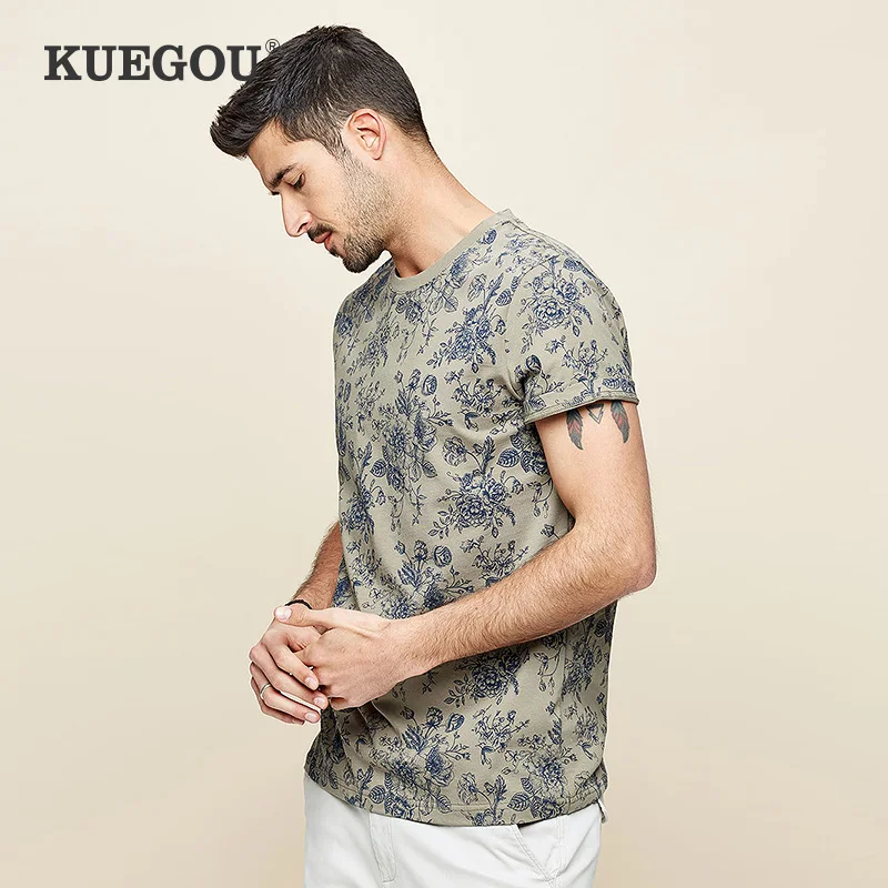Футболка KUEGOU мужская с короткими рукавами 100% хлопок модная рубашка круглым