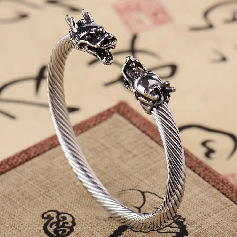 

Vintage Dragon Head Mouth Open Cuff Bracelet Nordic Viking Bangle Antique Twisted Pattern Carved Wristband Jewelry