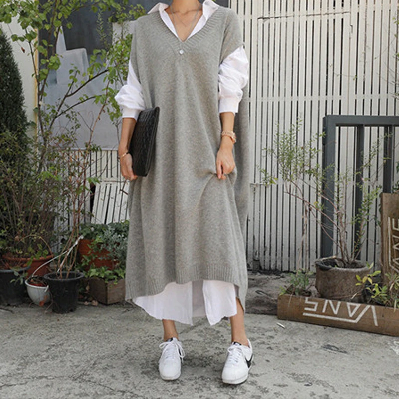 

Autumn Winter Women's Long Vest Jacket Over Knee Length Korean Style Loose Large Size Bat Sleeve Sweater Dress
