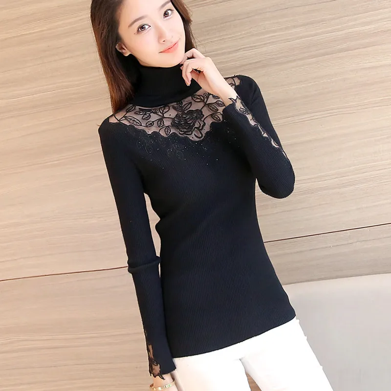 2018 Spring Autumn Women Sweaters and Pullovers Turtleneck Lace Crochet Slim Knitting Sueter Mujer Pull Femme Maglioni Donna Y47 |