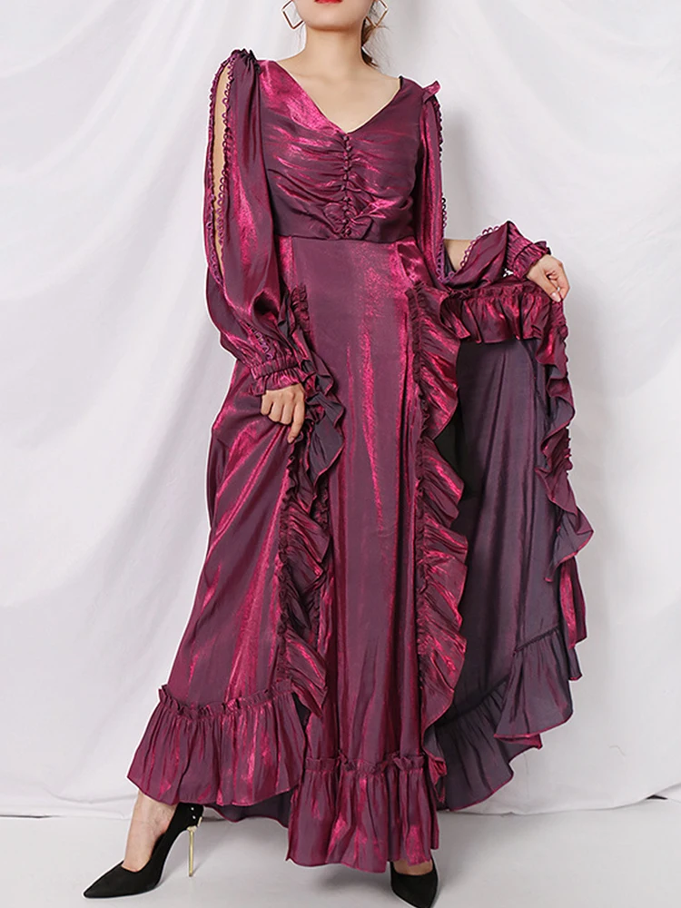 

Big-name winter ladies lotus leaf edge hollowed-out elegant dress 2020New women's long-sleeved fashion party pleated dress Bing