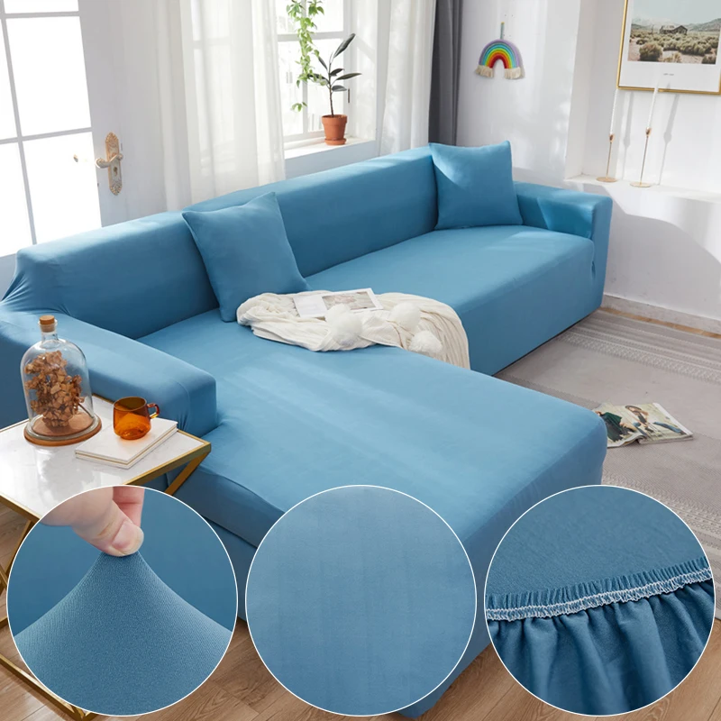 

Blue Solid Color Sofa Cover For Living Room Funda Sofa All-inclusive Polyester Modern Elastic Corner Couch Slipcover 45009