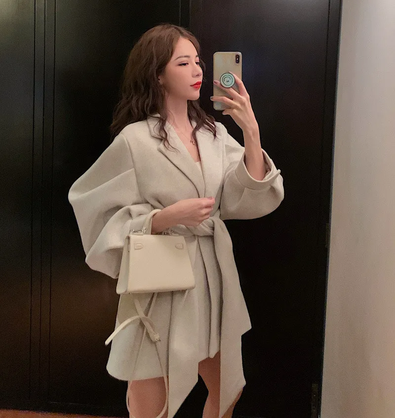 RUGOD Autumn Winter New Style Chic Vintage Puff Sleeve Wool Coat Belted Collect Waist Kpop Clothes Fashion 2019 | Женская одежда