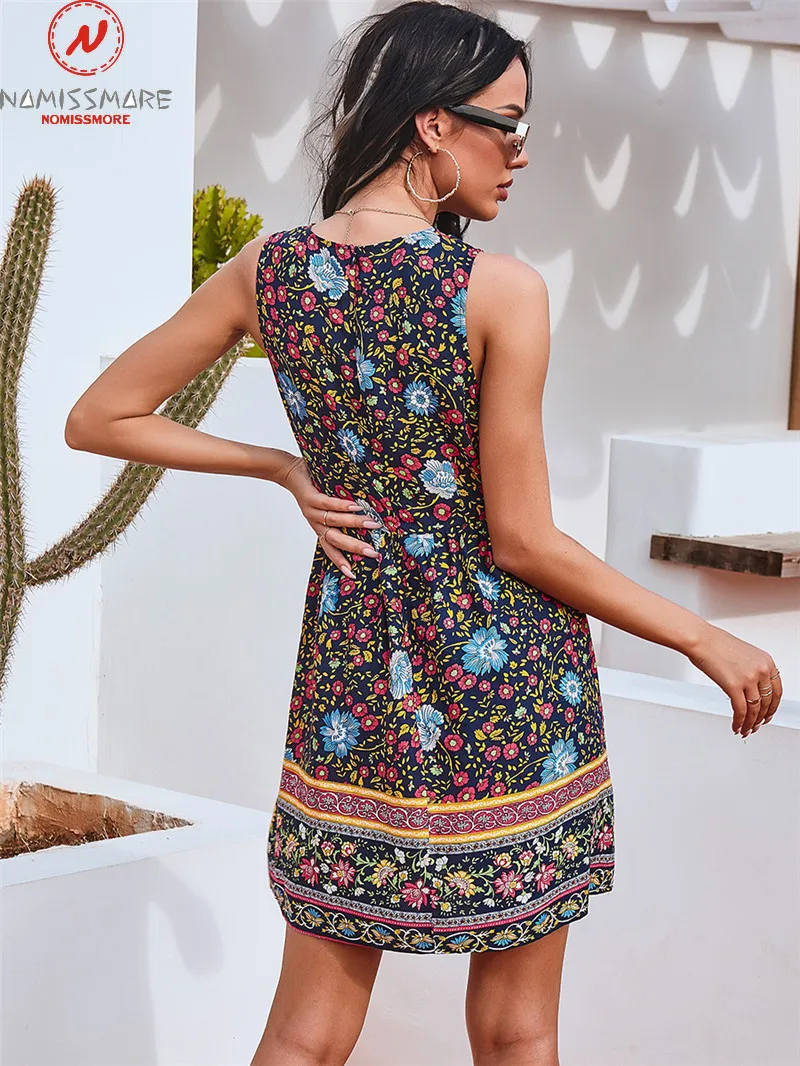 

Fashion Women Summer Print A-Line Dress for Streetwear Patchwork Design Zipprt Decor O-Neck Sleeveless Mid Waist Casual Dress