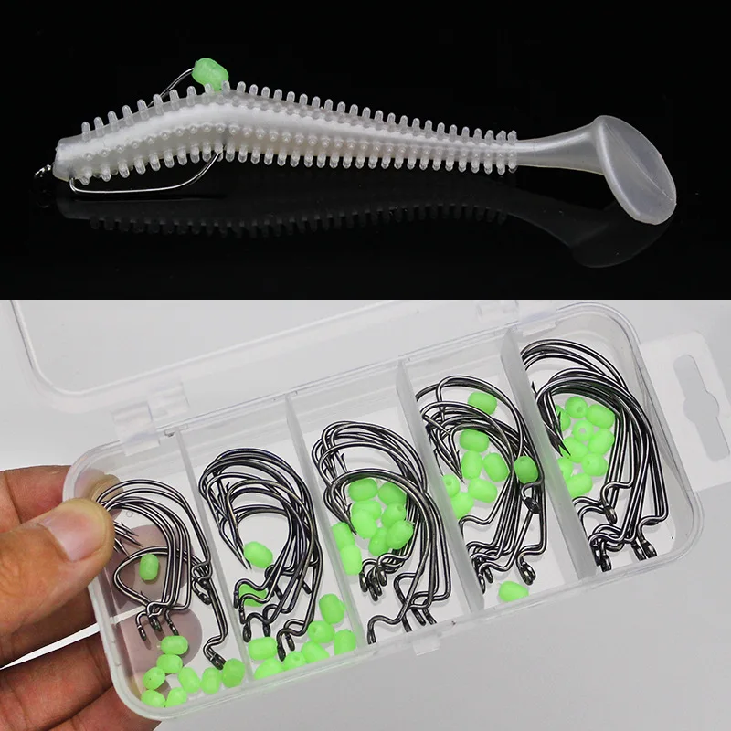 

50PCS/Lot Luminous High Carbon Steel Crank Hooks Set 5 Size 1# 2# 1/0# 2/0# 3/0# Soft Bait Fish Hook Fishhook with Storage