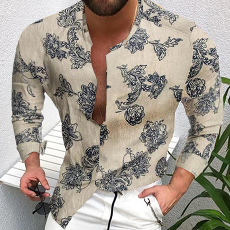 

Men Spring Autumn Large Size Loose Slim Literary Style Casual Fashion Trend Print Cardigan Turtleneck Long Sleeve Shirt