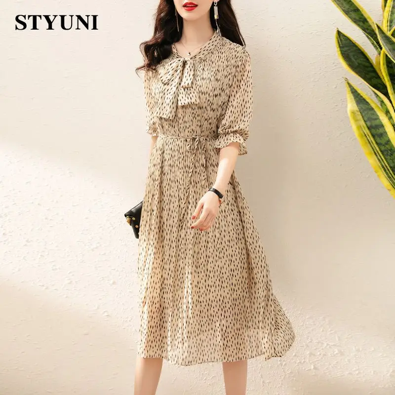 

Шифоновое платье для женщин, Новинка лета 2021, модное Повседневное платье средней длины с бантом и рукавами-фонариками, платье до колена с бо...