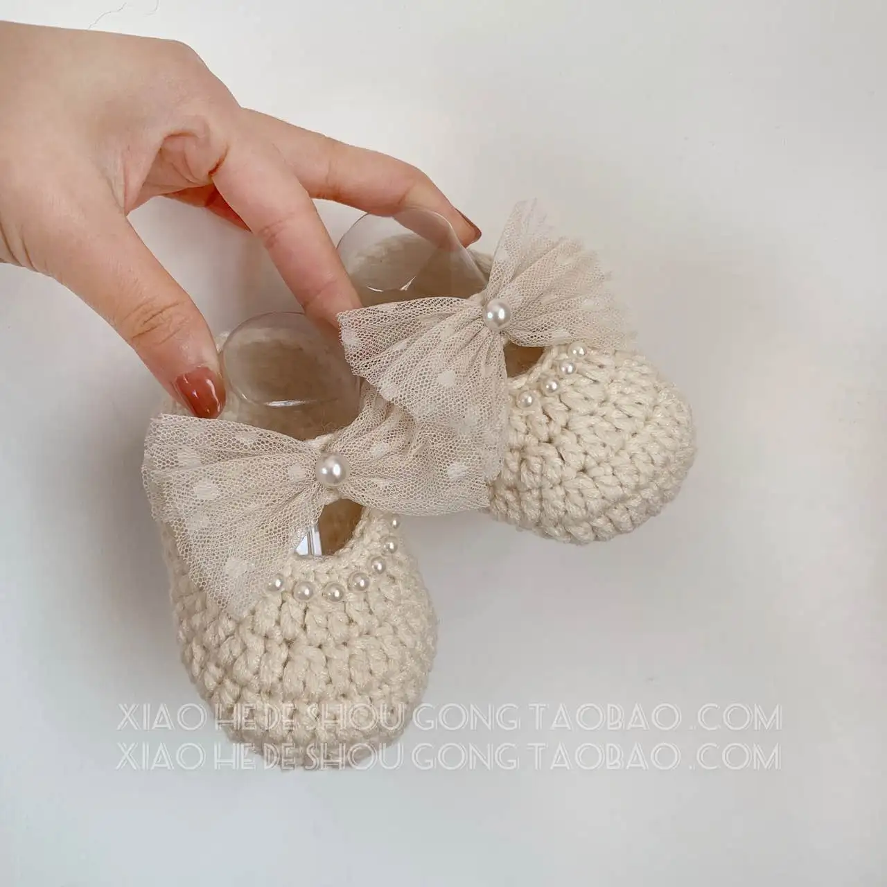 Детская обувь ручной работы вязаная крючком кружевная сетчатая с бантом женская