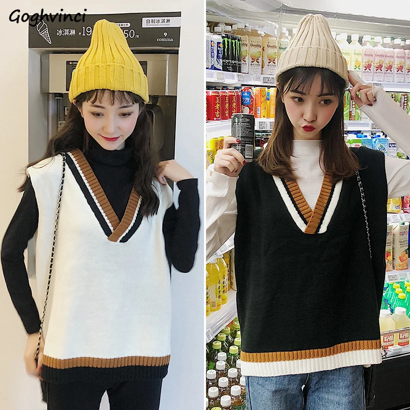 

Свитер без рукавов, женское платье с v-образным воротом, в полоску, консервативный Стиль свободные Chic все-матч, осенние носки для школьников; ...