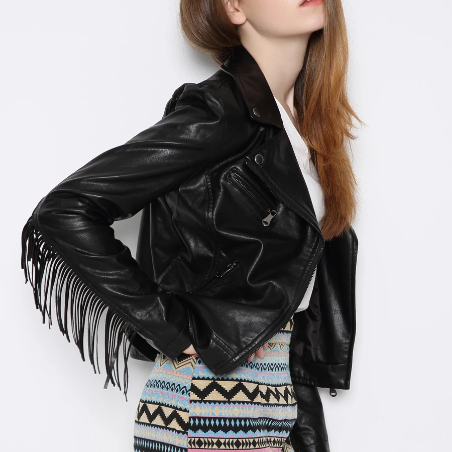 

Autumn Winter Nice Hot Sale Pop Fashion Women Short Design brand Motorcycle Coat Slim Tassel Leather Jacket Women black coats