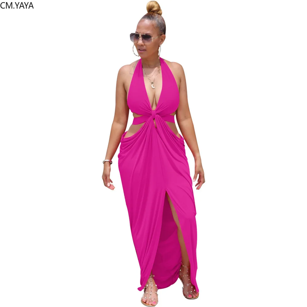CM.YAYA Women Halter V-neck Open Back Split Irregular Maxi Dress Sexy Party Club Floor Length Beach Long Dresses Vestidos | Женская