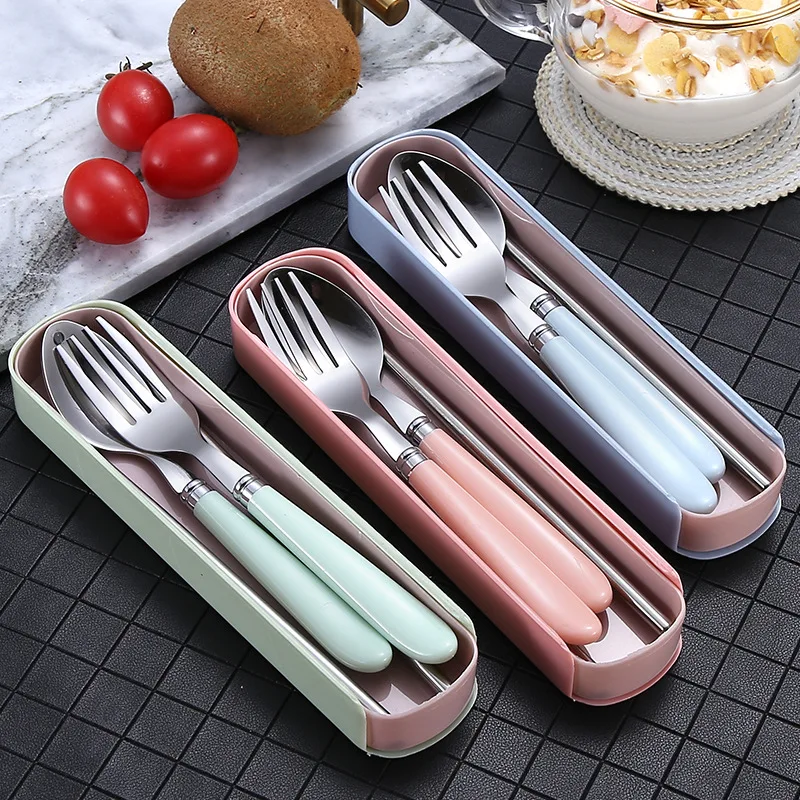 

2/3pcs Portable Tableware Spoon Fork Chopsticks Set with Storage Box Stainless Steel Fruit Dessert Fork Spoon Kitchen Supplies