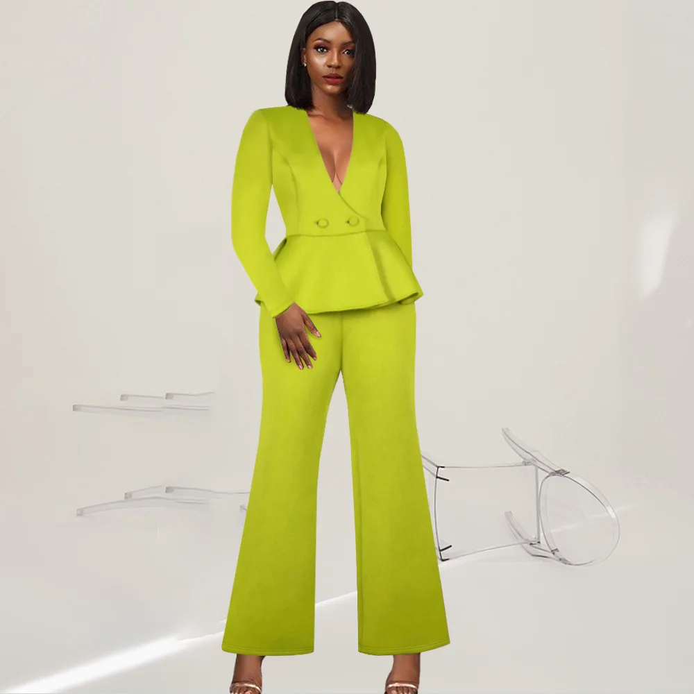 

Ruffles Women's Pantsuit 2 Pc Elegant Loose Trousers Suits OL Women's Tracksuit Outsuit Trouser Suit Jumpsuit Plus Size 2021