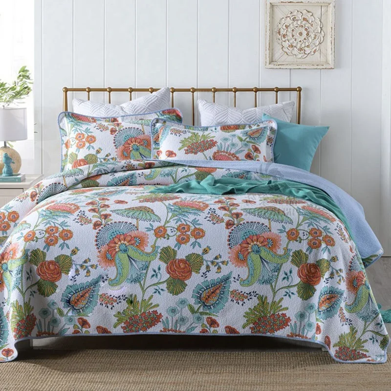 

Cotton Quilt Set 3pcs Print Bedspreads Bed Cover With 2 Pillowcase Queen Size Summer Blanket Coverlet