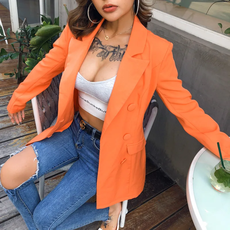 Orange Fahsion Commute Blazers Women Street Indie Mid Length Solid Colors Single Breasted Suit 2021 Spring Autumn New Y2k Blazer