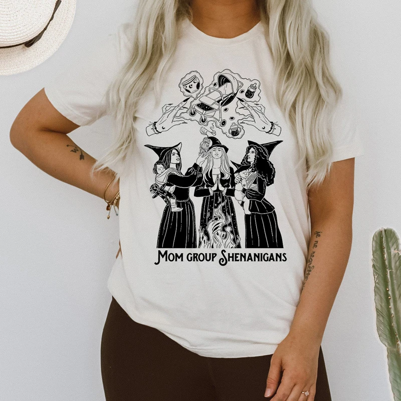 Witchy Mom Group-Camiseta 100% de algodón para mujer, Top con estampado de Halloween y vacaciones, Camiseta divertida, Regalo para mamá, Camiseta