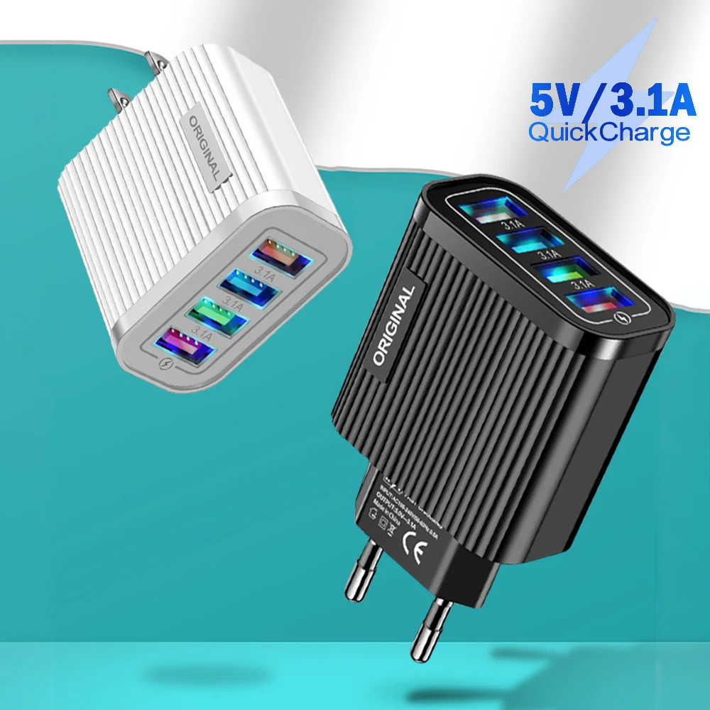 

USB Charger For Mobile Phone Quick Charge 5V 15W For iPhone Xiaomi Samsung Tablet Fast Charging EU/US Plug 4 Port Wall Chargers