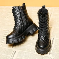 winter boots women 2022 fashion ankle booties leather plaid ladies platform flat shoes chunky boots lace up martin shoes