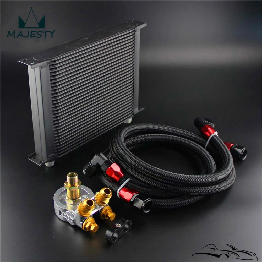 

New 30 Row Engine Oil Cooler w/ 80 Deg Thermostat Plate + AN10 Oil Lines Kit Silver / Black