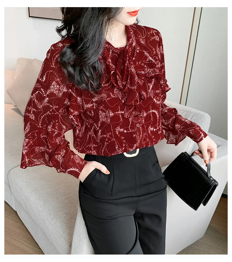

Ruffles Print Chiffon Blouses Shirts Full Sleeve Office Lady Fashion Tops Blouses For Female 2020 Autumn Size S-2XL