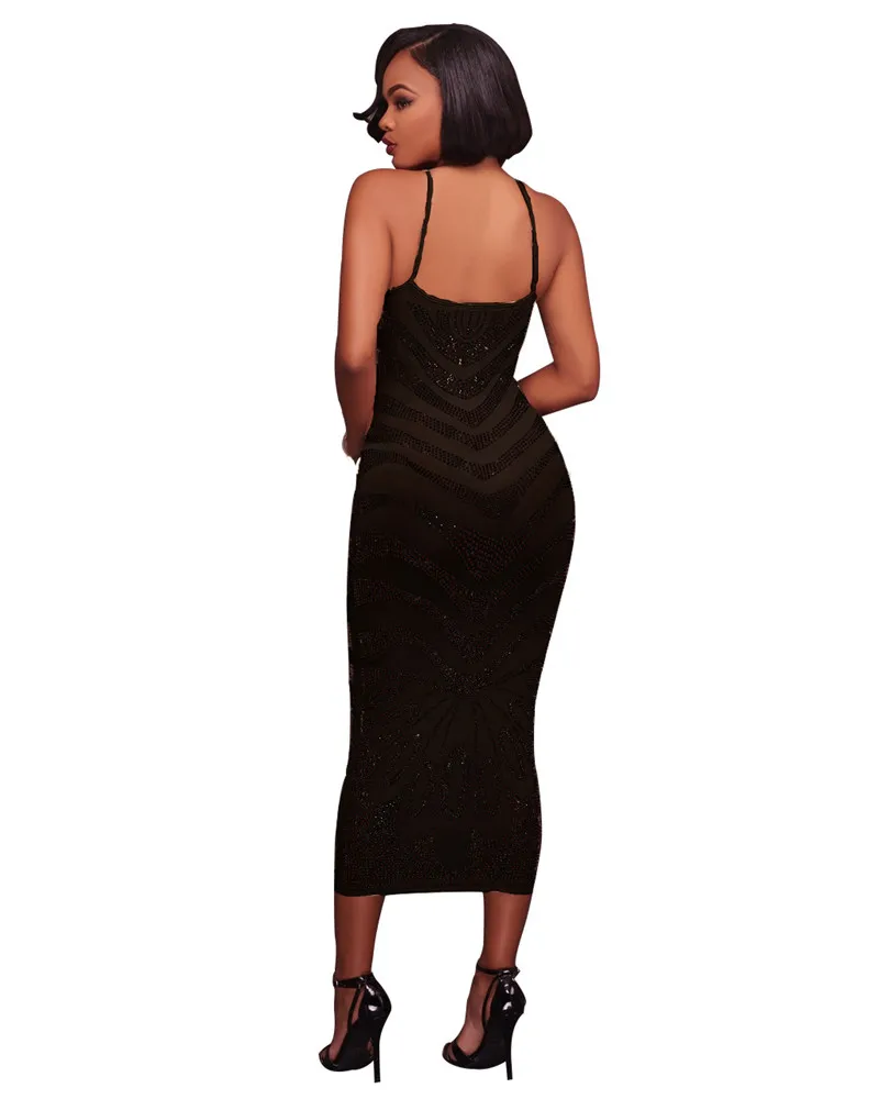 Women Sparkly Rhinestone Bodycon Midi Dress Elegant Sexy Club Wear Diamonds Strap Celebrity Birthday Party Dresses Outfits | Женская